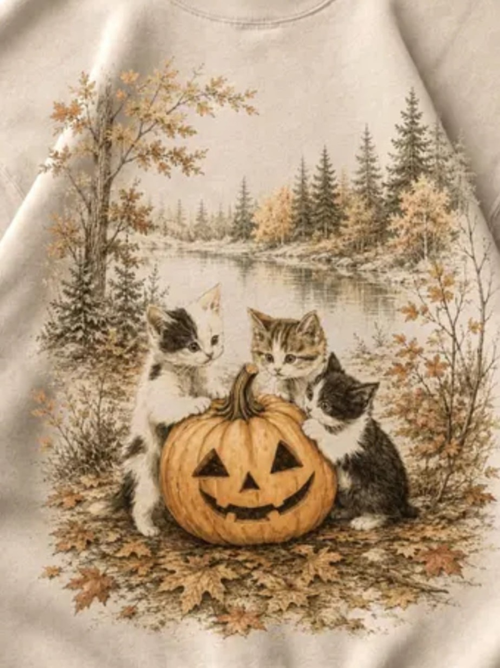 Gildan Sweatshirt with Kittens & Pumpkin Graphic - Picture 2 of 2